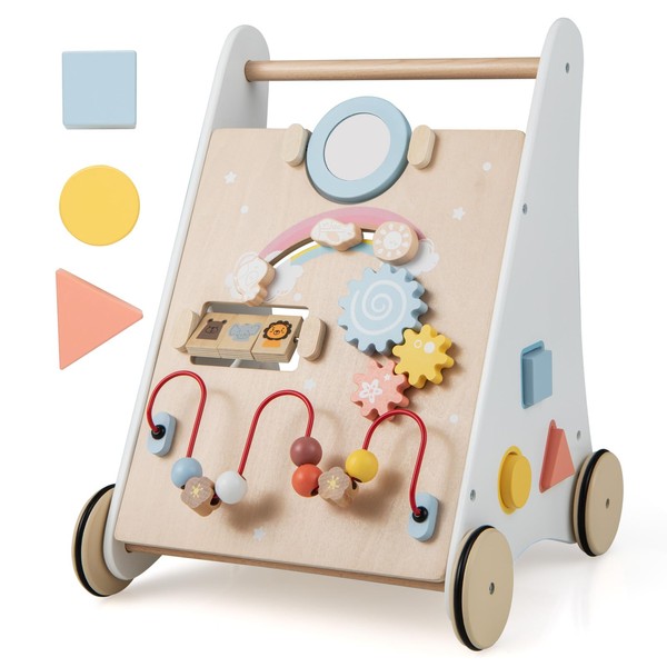 COSTWAY 7 in 1 Wooden Walking Trolley with Game Panel & Back Storage Box, Baby Learning Walker with 3 Blocks, Smooth Handle & 4 Wheels, Baby Walker 12 Months+