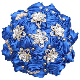 Hmplimue Handmade Bridal Wedding Bouquet Satin Rose Artificial Flower Bouquet for Bride Bridesmaid Holding Toss Round Wedding Bouquets Sparkling Rhinestone (RoyalBlue, 7.1"/18cm)