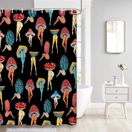 Funny Mushroom Butt Shower Curtain, Fun Cute Sexy Butt 70S 80S Fabric Shower Curtains for Bathroom Hippie Psychedelic Aesthetic Colorful Unique Cool Cloth Black Shower Curtain with 12 Hooks 70X70IN