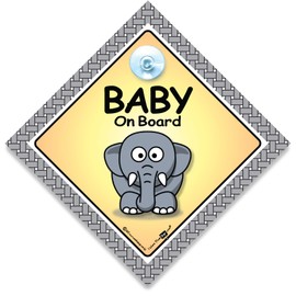 Baby Elephant On Board Car Sign, Baby On Board Sign, Grandchild On Board, Designed to Let Other Road Users a Child is in The Car, 14 cm x 14cm x 2cm