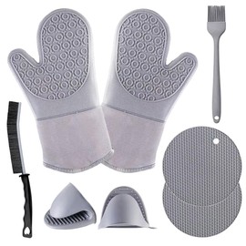 Oven Mitts & Pot Holders Set 8 Pc Silicone with Cleaning Brush & Pastry Brush, Extra Long Heat-Resistant to 500 Degrees Silicone Oven Gloves, Non-Slip Hot Pads for Baking, Cooking & Kitchen Use, Grey