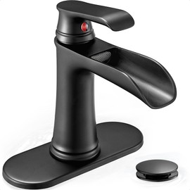 HOIGY Bathroom Waterfall Faucet, Brass Matte Black Bathroom Faucet, One Handle Bathroom Faucets for Sink 1 Hole or 3 Holes, 4 Inch Bathroom Sink Faucet with Drain Deck Plate Supply Hoses for Lavatory