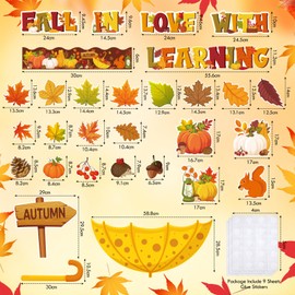 Qilery Fall in Love with Learning Bulletin Board Set Autumn Maple Leaves Pumpkin Cutouts Fall Theme Classroom Decorations for Thanksgiving School Home Chalkboard Wall Decor Supplies