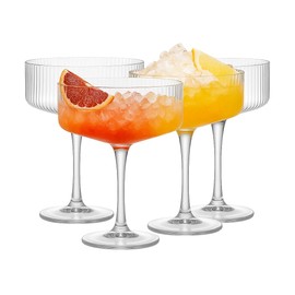 Vintage 4 Pcs Ribbed Coupe Glasses, 11 oz 100% Crystal Coupe Glass Set, Unique Martini Glass, Classic Cocktail Glassware, Bar Drinking Glasses Set Pefect for Cocktail, Wine, Champagne, Espresso Gift