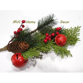 CWI Jingle Bells 16" Pine Pick with Red Berries Christmas Holiday Decoration