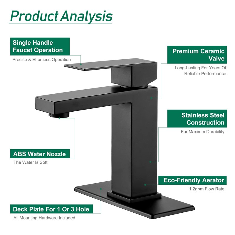 VOTON Bathroom Faucet Matte Black, Modern Single Handle Bathroom Faucets