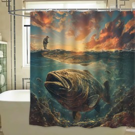 VANZEV Epic Angler's Dream Shower Curtain, Dramatic Fishing at Sunset Design, 72x72 Inch, Waterproof Polyester Fabric with 12 Hooks, Adventurous Angling Bathroom Decor