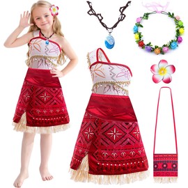 Moana Costume for Kids, Adventure Dress Up for Girls with Bag Crown Necklace Clip, Moana Fancy Dress Cosplay (130)