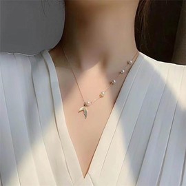 Cimenexe Bohemian Mermaid Fishtail Choker Necklace Gold Pearl Fishtail Pendant Necklace Pearl Station Box Chain Necklace White Pearl Collar Necklace Jewelry for Women Gifts