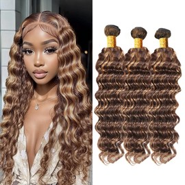 Biliisyff P4/27 Human Hair Bundles Blonde Deep Wave Extensions Ombre Blonde Brown and Black Human Hair Double Weft Wet and Wavy Bundles Silky and Soft 20 22 24 Inch