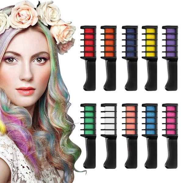 Hair Chalk, Hair Chalk for Children, Hair Chalk Comb, 10 Hair Colours for Children for Girls, Birthday, Christmas, Halloween or Party Bag Gifts, Washable Colour