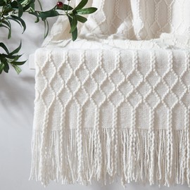 KASYLAN 100% Acrylic Knitted Throw Blanket Textured Solid Soft Decorative Throw for Sofa, Couch, Bed,127x152cm,Off White
