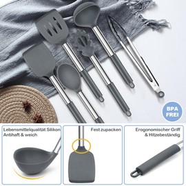 Herogo Silikon Küchenhelfer Set, 6 Stück Kochutensilien Kochbesteck Set mit Edelstahlgriff, Hitzebeständiger & Antihaft, Silikon Küchenutensilien Wender Zange Pfannenwender Set - Grau