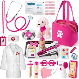 Doctor Kit for Kids Girls, 36 Pcs Veterinarian Playset for Kids, Doctor Kit for Toddlers 3-5 with Dog Toy & Real Stethoscope, Kids Vet Kit Pretend Play Doctor Toys, Doctor Play for Kids