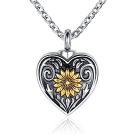 GMXLin Golden Sunflower Heart Urn Necklace for Ashes Men Women Cremation Jewelry Dad Mom Grandma Memorial Keepsake Pendant with Stainless Steel Chain
