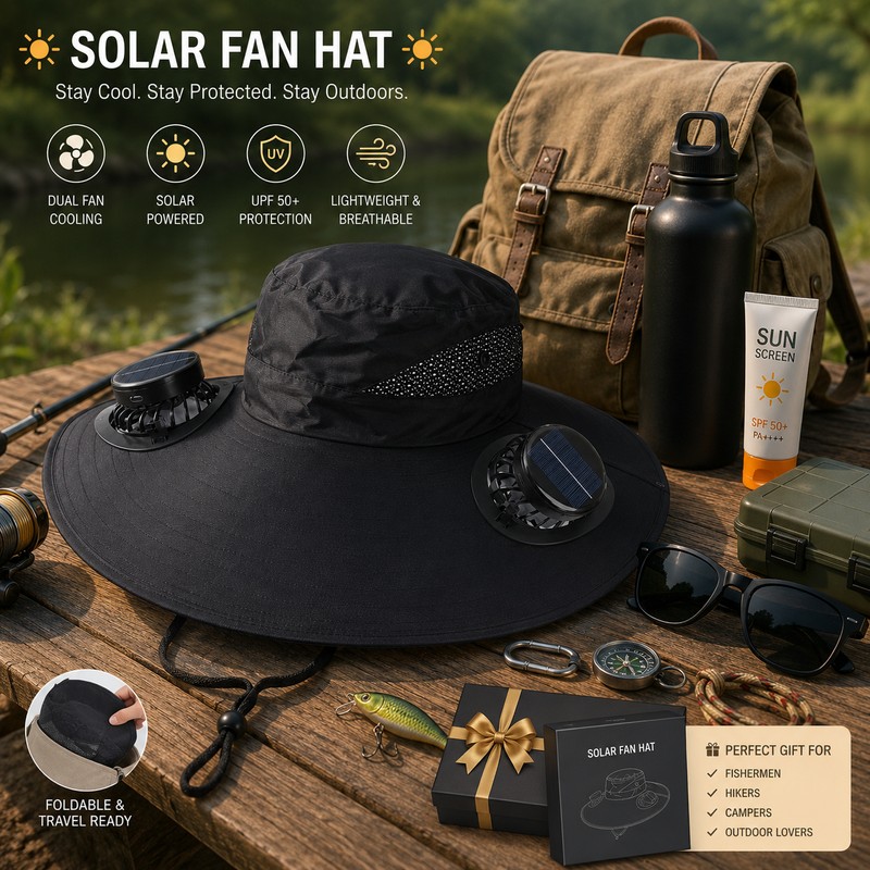 Solar Fan Wide Brim Hat for Outdoor Cooling – Polyester