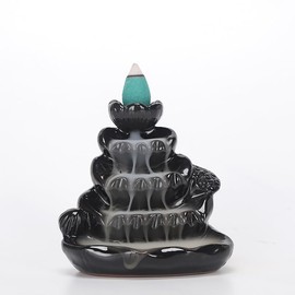 Modern Minimalist White Ceramic Backflow Incense Burner – Lotus Design, Black – Elegant Home & Office Decor, Relaxing Aromatherapy Gift