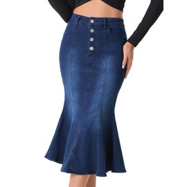 Allegra K Women's Denim Skirt Fishtail Skirt Distressed Denim Skirt Long Skirt, black blue