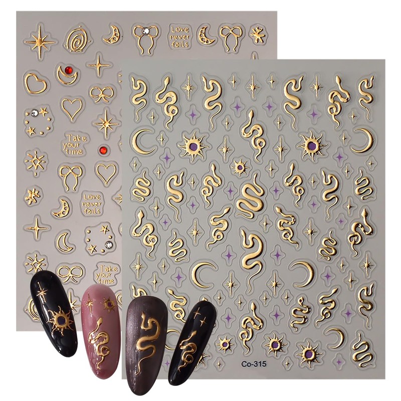 2 Sheets 5D Embossed Snake Nail Stickers Gold Star Nail
