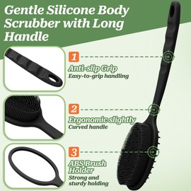 GEENOA Silicone Back Scrubber for Shower, Gentle Silicone Body Scrubber, Soft Silicone Loofah with Handle, Back Brush Bath Brush with Two Replaceable Brush Heads(Black-Two Heads)