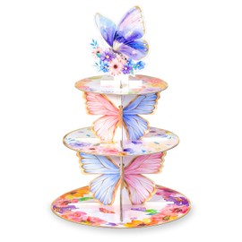 3 Tier Butterfly Cupcake Stand Cardboard, Candy Dessert Holder,Butterfly Decorations with Floral Crownfor Wedding Baby Shower Theme Birthday Party Desserts Supplies
