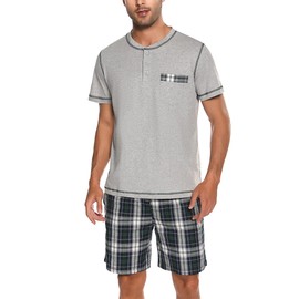 Litherday Men's Short Pyjamas 2-Piece Short Sleeve Sleepwear Made of 100% Cotton Shorty Pyjamas Set Summer Sleepwear S-3XL, lightgrey, XL