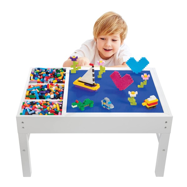 Brick Construction Play Table w 4 Storage Compartments and 1000 Rainbow Bricks - Works w All Major Brands- Build & Stack Block Pieces on Tabletop Baseplate Grid -Fun Activity Toy for Kids, 3+ Gift