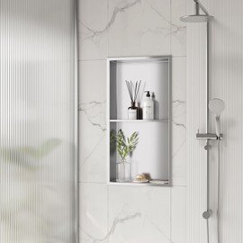 Neodrain No Tile Shower Niche, Stainless Steel Wall Niche 13.1"X25.1"(Inner Size 12"X24"), Two-Tier Bathroom Shelf Waterproof Cubby, NO Tile Needed Recessed Cabinet for Bathroom Storage