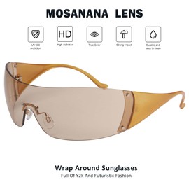 mosanana Y2K Wrap Around Sunglasses for Women Brown Futuristic Trendy Fashion Cool Shield 2000s Shade Cute Funky Stylish Aesthetic Go Back