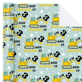 WRAPAHOLIC 3rd Birthday Wrapping Paper Roll - Mini Roll - 17 Inch x 33 Feet - Adorable Dinosaurs Construction Design, Perfect for Kids Boys Birthday, Baby Shower
