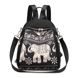 FORRICA Women Backpack Small Ladies Shoulder Bag Fashion Rucksack with Multiple Pockets Water-resistant Nylon Shoulder Daypack for Travel Work Shopping Elephant