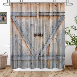 Riyidecor Extra Long Rustic Barn Door Shower Curtain 72Wx84H Inch Farmhouse Wooden Plank Country Barnwood Vintage 12 Pack Metal Hooks Decor Fabric Polyester Waterproof