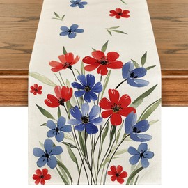 Artoid Mode Watercolor Flowers Poppy Eucalyptus Table Runner, 4th of July Patriotic Memorial Day Independence Day Holiday Kitchen Dining Table Runners for Home Party Decor 13 x 90 Inch