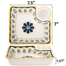 Noamus 4 Pack Dumpling Plate with Dipping Saucer, 7.5" Ceramic Japanese Sushi Platter, Colorful Square Serving Plate with Dish for Home Kitchen, Snack Dessert Salad Fries Fruit Gyoza