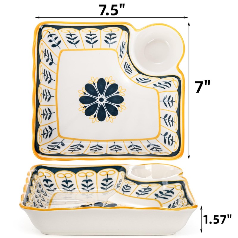 Noamus 4 Pack Dumpling Plate with Dipping Saucer, 7.5" Ceramic