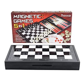 5 in 1 Mini Board Games Set: Magnetic Chess, Draughts, Checkers, Dominoes, Backgammon, Playing Cards