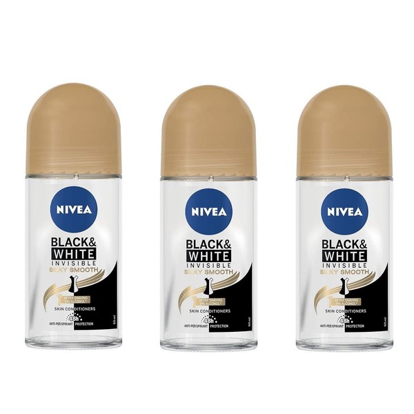 (Pack of 3 Bottles) Nivea INVISIBLE FOR BLACK & WHITE SILKY SMOOTH Women's Roll On Anti-perspirant Deodorant (Pack of 3 Bottles, 1.7oz / 50ml Each Bottle)