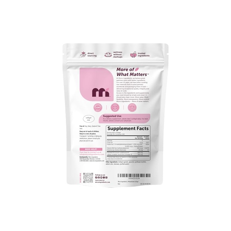 Micro Ingredients L-Methylfolate 1000mcg, 240 Softgels | 5-MTHF Active Folate