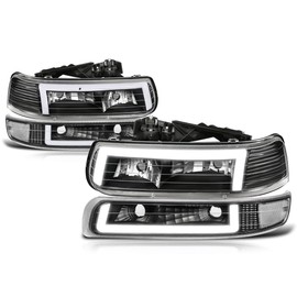 PM PERFORMOTOR LED DRL Headlights Assembly+Bumper Lamps Compatible with 99-06 Chevy Silverado Suburban Tahoe,Black Housing/Clear Lens