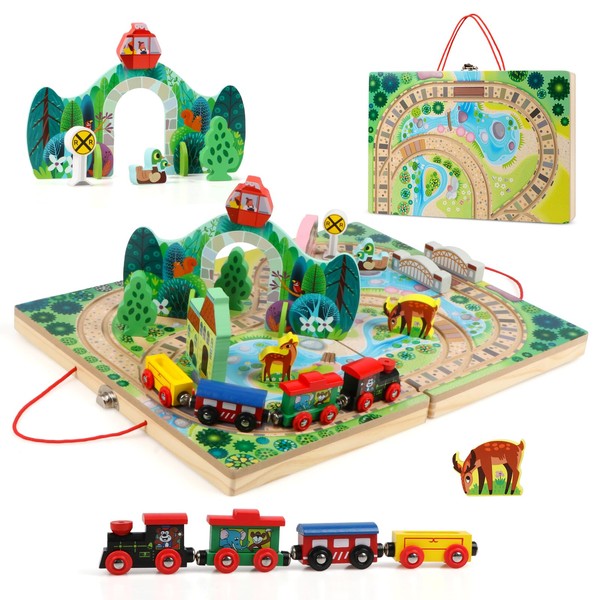 Joqutoys 18 Piece Train Set for Toddlers, Wooden Take-Along Tabletop Railroad for Kids Age 3+, Portable Durable Train Tracks Train Toys with 4 Trains, Bridge, Play Pieces
