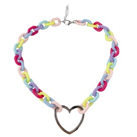 Y2k Heart Pendant Colorful Acrylic Link Chain Choker Statement Necklace for Women Chunky Multicolor Paperclip Lightweight Large Love Rainbow Resin Thick Neck Adjustable Collar Hip Hop Punk Jewelry