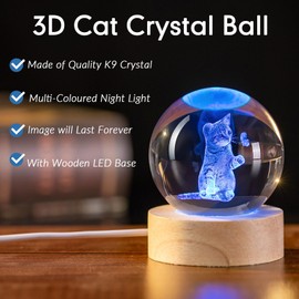 IFOLAINA 3D Cat Themed Gifts for Women Decor for Cat Lovers Cat Mom Crystal Ball Cat Related Sympathy Figurines Presents with Wooden Light Base