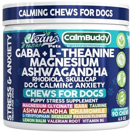 CalmBuddy Calming Chews for Dogs with GABA, L-Theanine, Magnesium, Ashwagandha, Rhodiola & Skullcap – Natural Pet Supplement – 90 Soft Chews – Clean Nutra Pet Formula for All Dog Breeds & Sizes