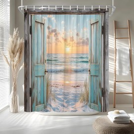 Ocean Beach Teal Barn Door Shower Curtain Hawaiian Sunset Scenery Sea Wave Ocean Coastal Seaside Retro Wood Rustic Landscape Bath Curtain Fabric Bathroom Accessories Decor with Hooks