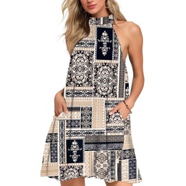 AUSELILY Womens Summer Dress Sleeveless Halter Neck Beach Dress Casual Sundresses with Pockets Court Patterns S