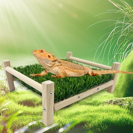 FlidRunest Bearded Dragon Hammock for Standing, Bearded Dragon Simulation Grass Hammock, Wooden Reptile Hammock Bearded Dragon Lounger