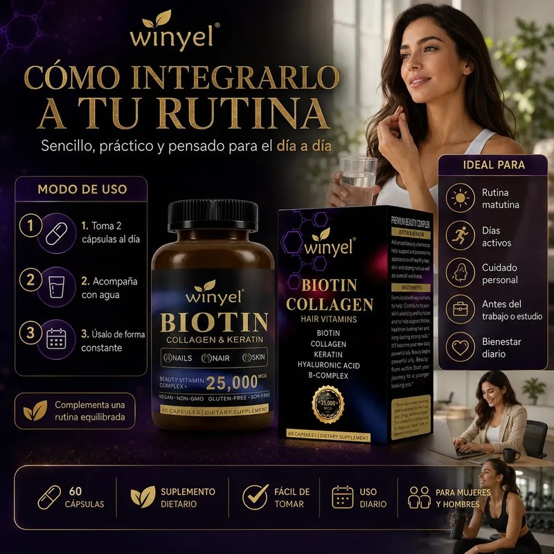 Biotina Colágeno Queratina Ácido Hialurónico 60 Cápsulas