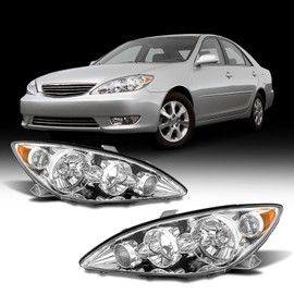 Headlight for Toyota Camry 05-06 4-Door Sedan Headlamp Assemblies Chrome Housing with Amber Reflector Headlamp Left and Right Replacement Pair (Bulbs Not Included)（W/O Bulbs）
