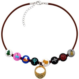 PRINCESS CUTENESS STORE Percy Jackson Annabeth Chase Brown Faux Leather Cord Colorful Painted 8PCS Wooden Bead Demigod Olympian Necklace + Father's Co