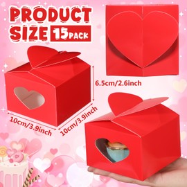 Fullhawl 15 Pcs Cupcake Treat Boxes with Heart Window Red Pink Candy Cookie Box Gift Wrapping Boxes with Stickers for Cupcake Candy Cookie Chocolate Dessert Homemade Bakery Party